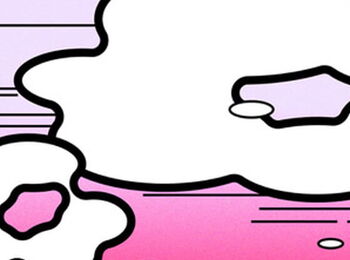 Illustration mit weißen, schwarz umrandeten Wolken vor einem pinken Farbverlauf mit schwarzen horizontalen Linien.