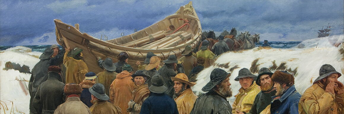 Painting of a wooden lifeboat being pulled through the dunes towards the sea by several horses. It is accompanied by a large group of sailors in fishing hats.
