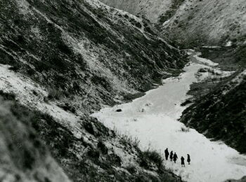 Black-and-white photo of the Babyn Yar ravine showing five people.