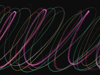 Layered handwritten squiggles in different colors—pink, white, green, yellow, red—on a black background.
