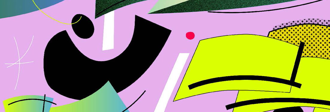 Colorful, curved graphic figures in various shades of yellow and green, black and white against a purple background.