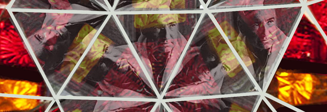 Collage: A black and white portrait of Wilhelm Reich can be seen as if through a kaleidoscope in various positions against a yellow and red background.