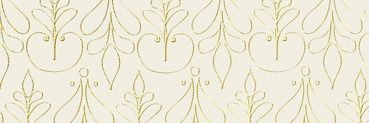 A golden, uniform pattern on a cream background. The pattern features round, elegantly curved shapes reminiscent of leaves and insects.