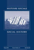 Magazine cover of Histoire sociale / Social History showing a passenger ship sinking in the ocean under a pale blue sky.
