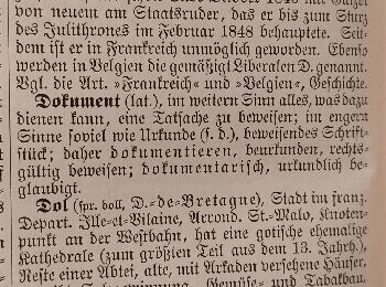 Column from a German-language lexicon. The entry for the lemma “document” is shown in Gothic script, followed by the entry for the city of “Dol” in France.