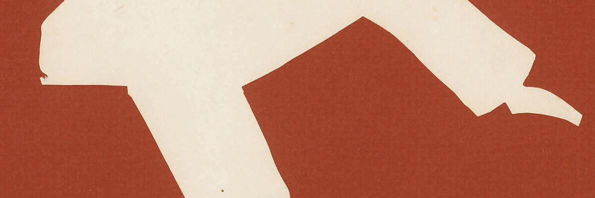 A cut-out silhouette in white against a red background: a raised leg with the foot extended.