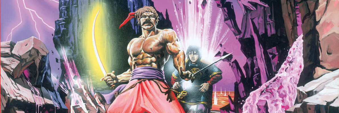 Fantasy drawing. A muscular man with a naked upper body and red pluder trousers holds a bright yellow sword in his hand, behind him stands another figure in front of a rocky landscape bathed in purple light.