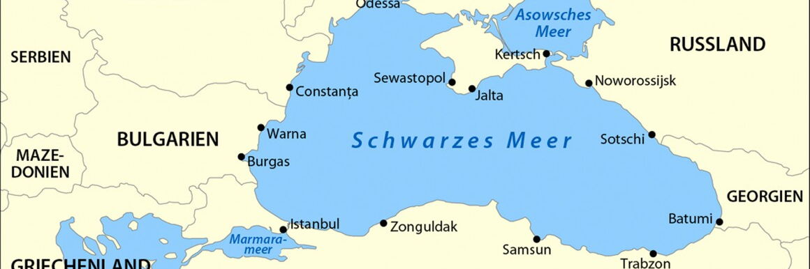 Map section of the Black Sea with the surrounding countries. The coastal cities are marked and labeled with black dots.