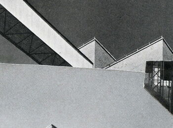 Eine abstrakte Collage aus architektonischen Formen und fotografischen Fragmenten von Gebäuden mit einem rauchenden Schornstein am rechten Bildrand.