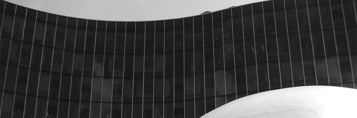 Schwarzweißer Ausschnitt einer geschwungenen verglasten Fassade.