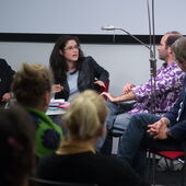 Panel discussion, from left to right: Michael Bodemann, Yael Almog, Tomer Gardi, Daniel Weidner