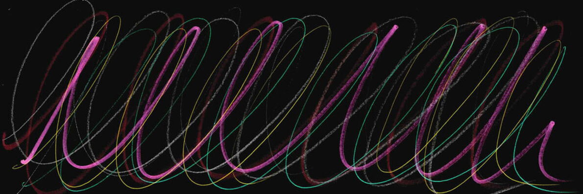 Auf schwarzem Grund sind handschriftliche Kringel in verschiedenen Farben – pink, weiß, grün, gelb, rot – übereinander gelegt.