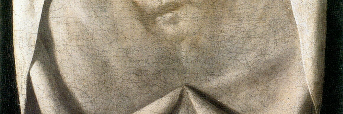 Detail of the lower half of a painting showing a linen cloth with the pale imprint of a human mouth.