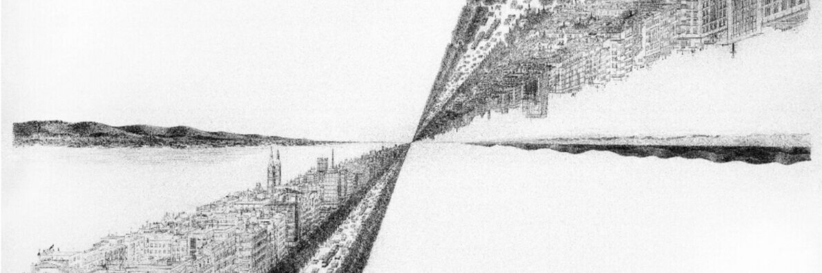 Drawing of a cityscape with old buildings between a wide river and a tree-lined avenue. The drawing is mirrored upwards in the middle.