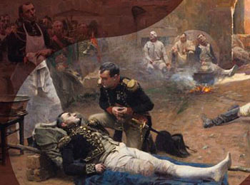 Painting of a battlefield, in the center lies a wounded soldier with an amputated leg, with another soldier kneeling next to him.