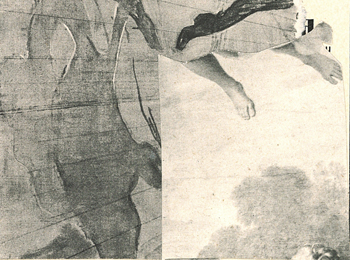 Detail of a collage in black and white. At the top right are two feet sticking out of a skirt, at the bottom right a cloud and a hairline.