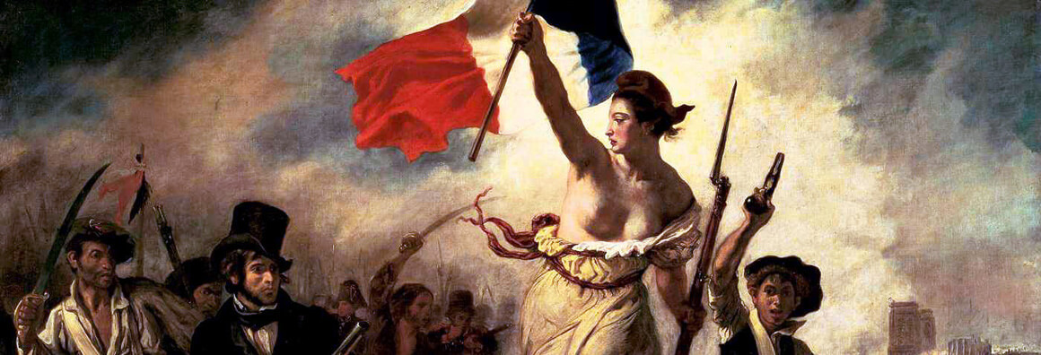 Detail of a painting showing the head and shoulders of a female figure against a bright cloudy sky, holding a French flag in her upraised right arm. Next to her a pistol and a musket rise into the sky.