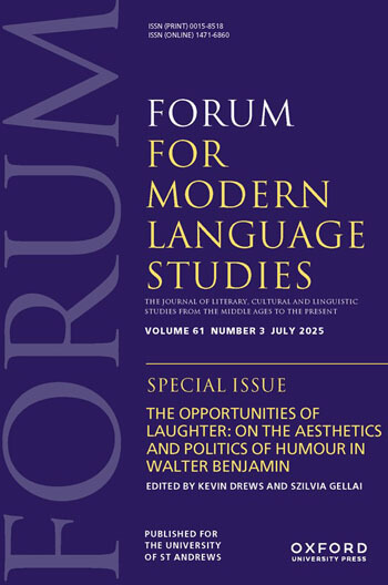 Cover des Forum for Modern Language Studies, Band 61, Nr. 3 (Juli 2025), Sonderheft zu Ästhetik und Politik des Humors bei Walter Benjamin.