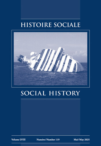 Magazine cover of Histoire sociale / Social History showing a passenger ship sinking in the ocean under a pale blue sky.