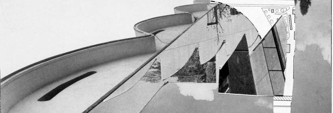 An abstract collage of architectural shapes, floor plan lines, and photographic fragments of buildings and nature.