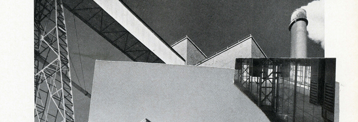An abstract collage of architectural forms and photographic fragments of buildings with a smoking chimney on the right edge of the image.
