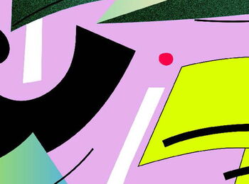 Colorful, curved graphic figures in various shades of yellow and green, black and white against a purple background.
